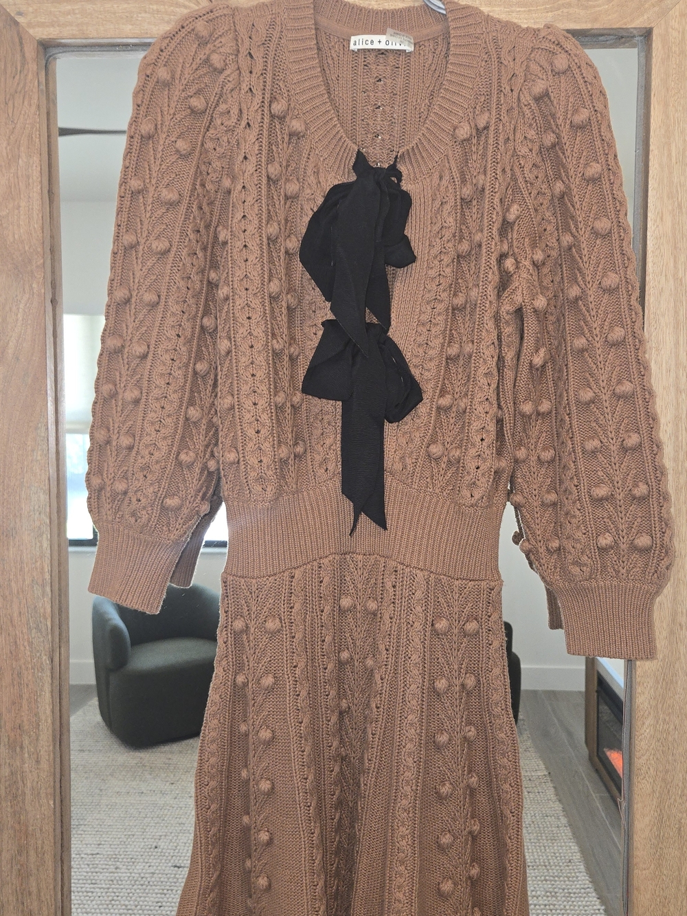 Alice + Olivia Kitty Bow Front Cable Knit Sweater Dress Brown - Picture 2 of 6